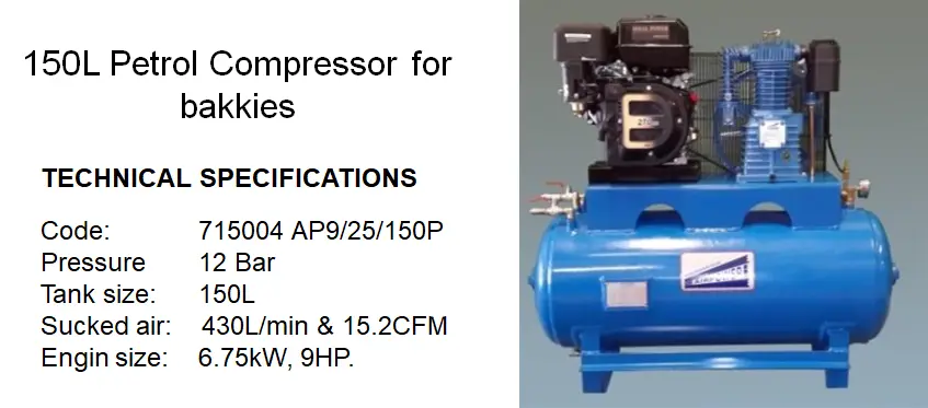 COMPRESSOR AIRPOWER AP9/25/150P PETROL 11 Bar 9HP 6.75kW 150L 430Litp/m 15.2CFM.  Lead Time: +/-10-14days