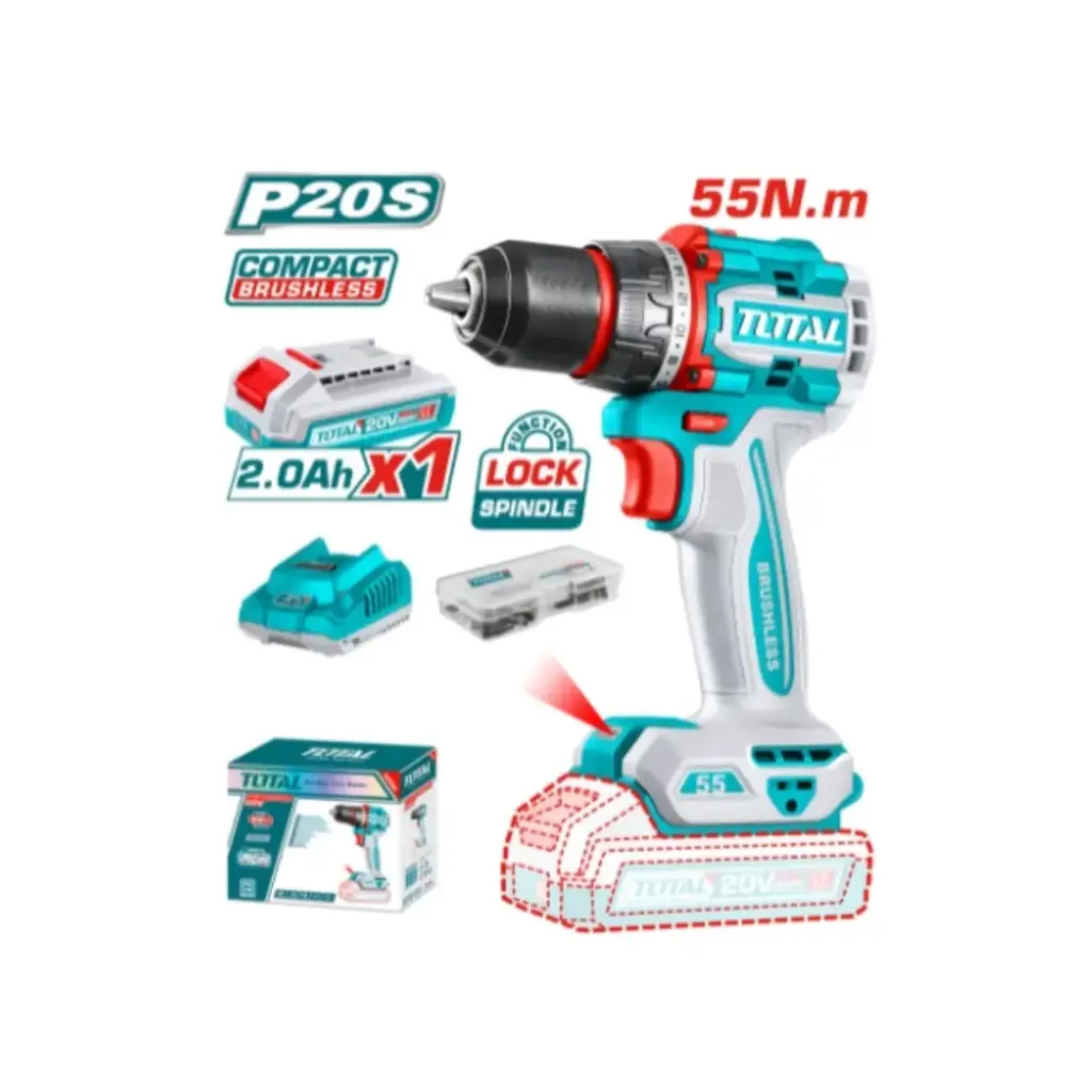 TOTAL 20V DRILL NON IMP 13MM 55NM B/L 1X2AH+CHRG+47PC ACC