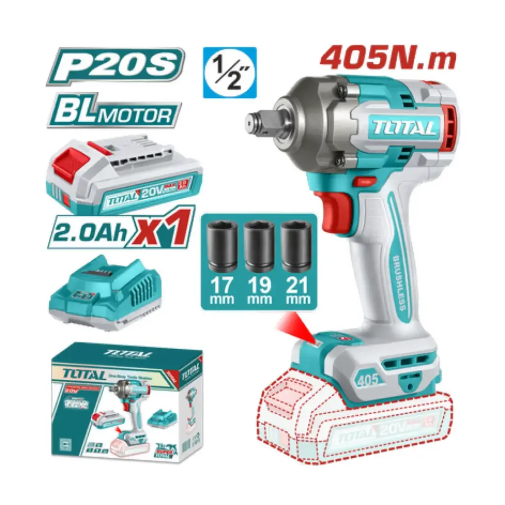 TOTAL 20V Impact Wrench 405nm 1/2dr 1X2AH+Charger+Acc (KIT)-TIWLI20455