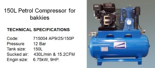 [715004] COMPRESSOR AIRPOWER AP9/25/150P PETROL 11 Bar 9HP 6.75kW 150L 430Litp/m 15.2CFM.  Lead Time: +/-10-14days